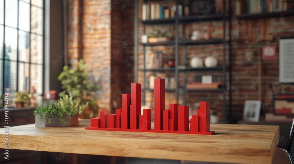 Poster a modern workspace featuring a red bar graph sculpture on a wooden table amidst a cozy setting.