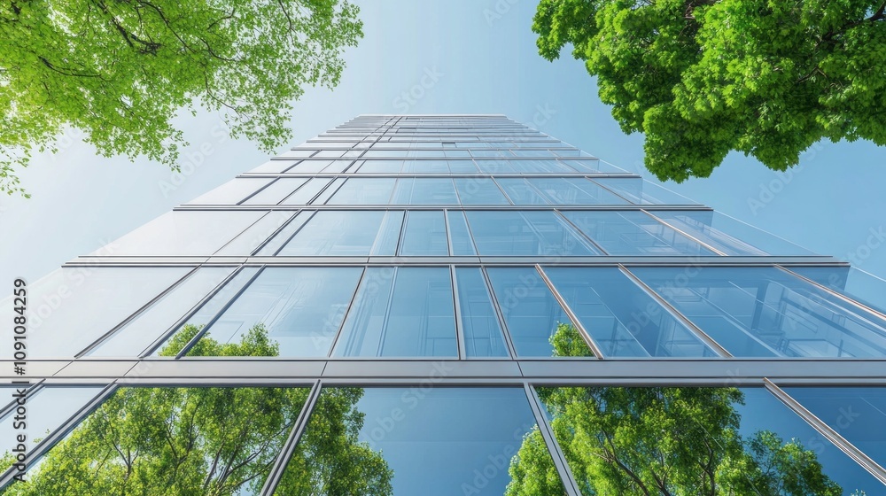 Poster A tall building with a lot of windows and trees in the background
