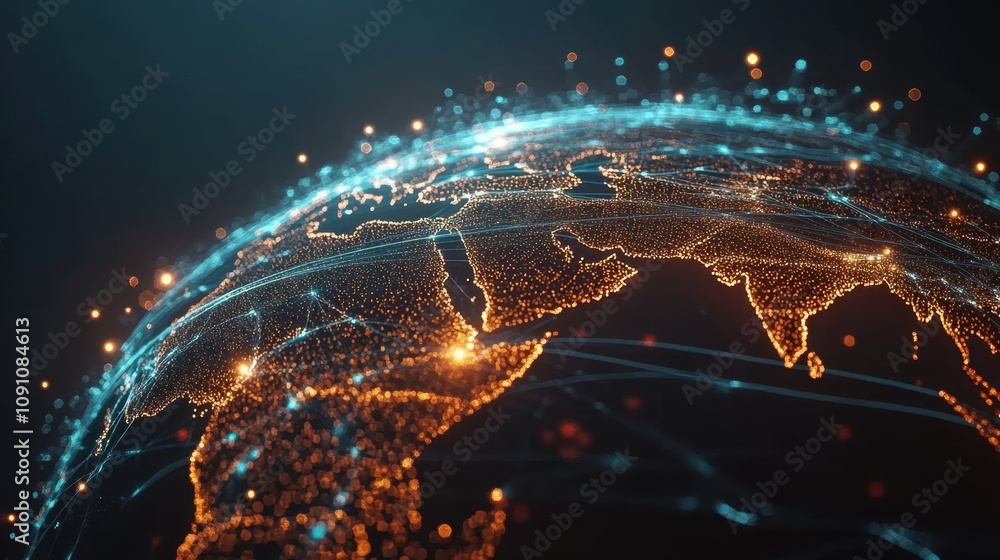 Poster high-tech global network in 3d visualization featuring bright connections over earth’s continents an