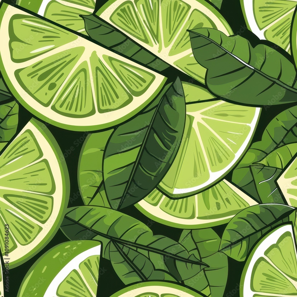 Poster seamless minimal lime pattern with leaves ideal for fabric design and various creative projects feat