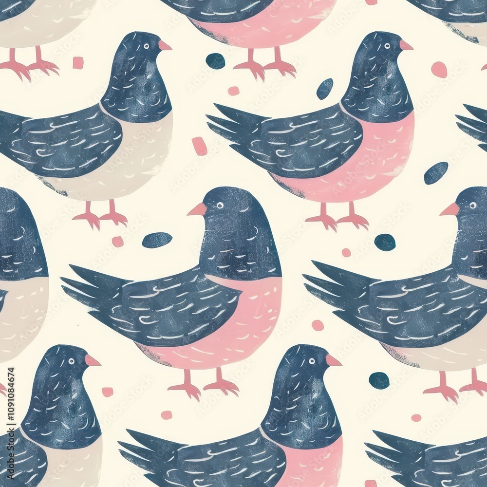 Poster seamless minimalist pigeon pattern design for fabric use with soft colors and playful elements ideal