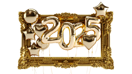 gold 3D New Year 2025 celebration Isolated white background. balloons  two thousand twenty-five 2025 with golden frame