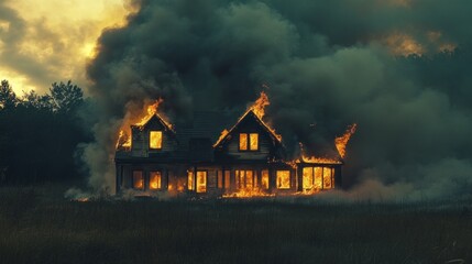 Fototapeta premium A house engulfed in flames, surrounded by smoke and a dramatic sky.