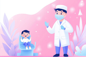 Obraz premium Great dentist engages with a smiling child in a vibrant dental office, creating a friendly atmosphere for a checkup