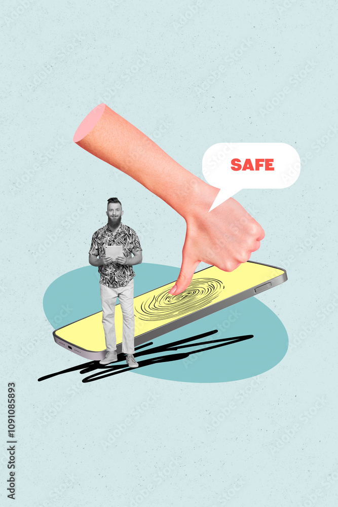 Poster vertical photo collage of hand touch phone screen fingerprint access password happy man stand hacker