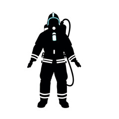 Fototapeta premium A man in a black suit with a helmet and a hose. He is wearing a black suit and a helmet