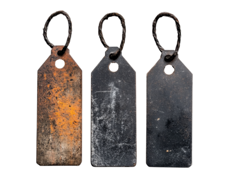 Old metal tags with unique textures and colors