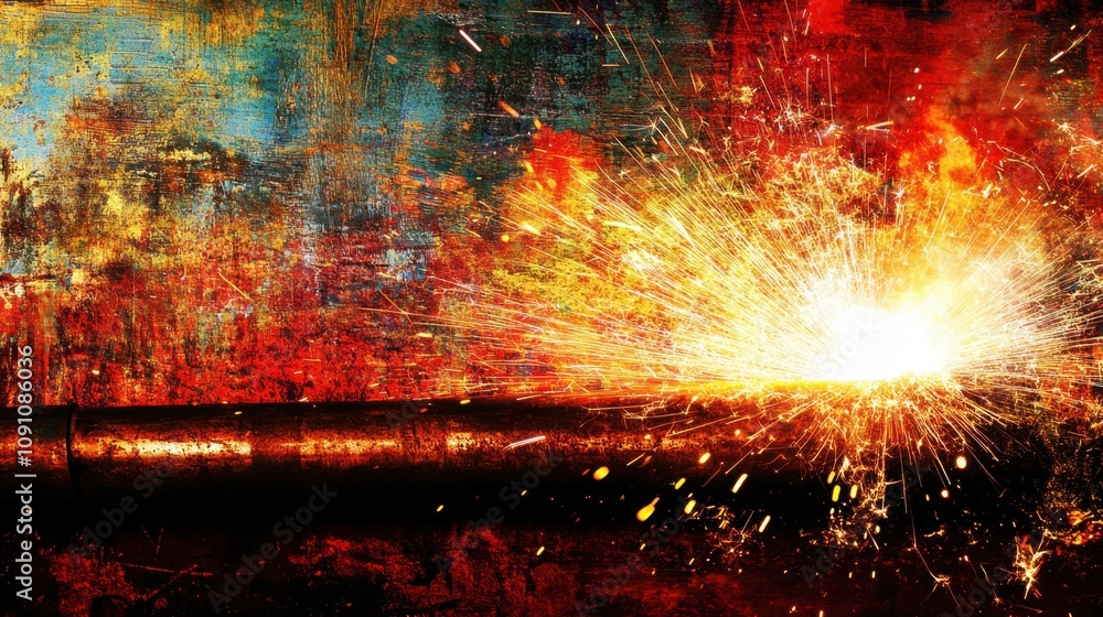 Poster dynamic abstract firework sparks erupting from a metal pipe on colorful background emphasizing energ