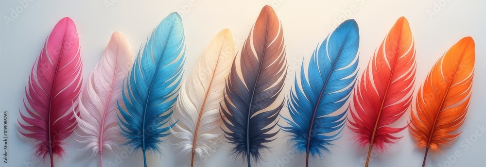 Poster A colorful array of feathers with a blue feather in the middle