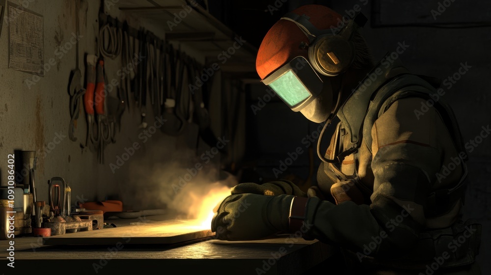 Poster skilled welder in protective gear working diligently in a dimly lit workshop, focused on creating hi