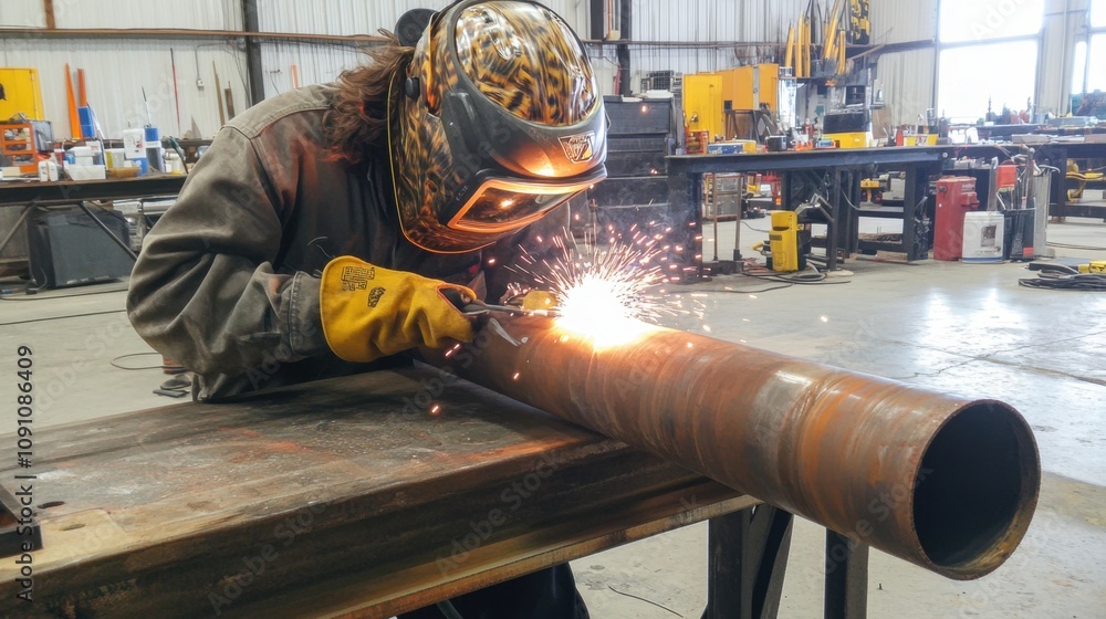 Poster welding worker concentrating on pipe fabrication in industrial workshop with dynamic sparks flying a