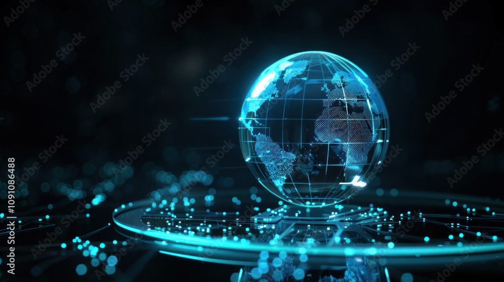 Poster A futuristic representation of Earth with glowing data points and a digital grid.