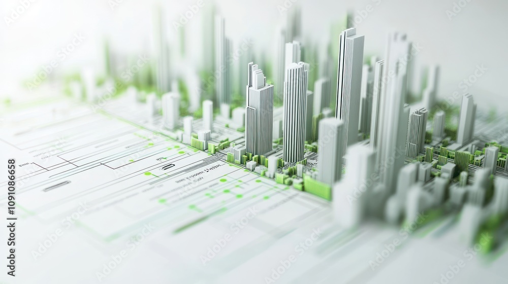 Poster a 3d architectural model showcasing a futuristic cityscape with green elements.