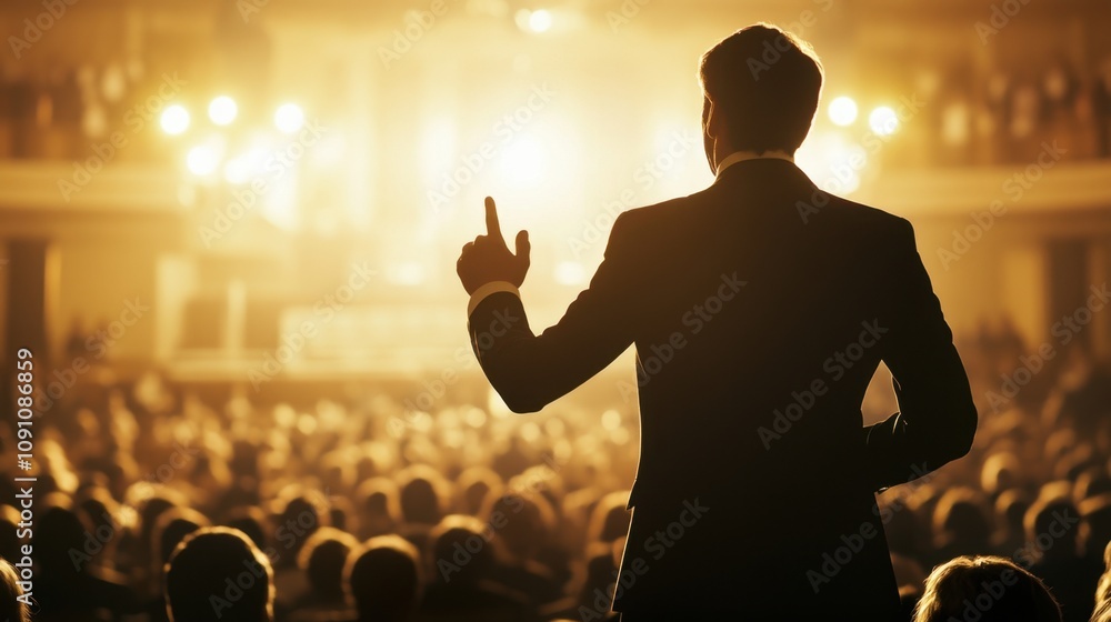 Poster engaging public speaker on stage before captivated audience in dramatic lighting with blurred backgr