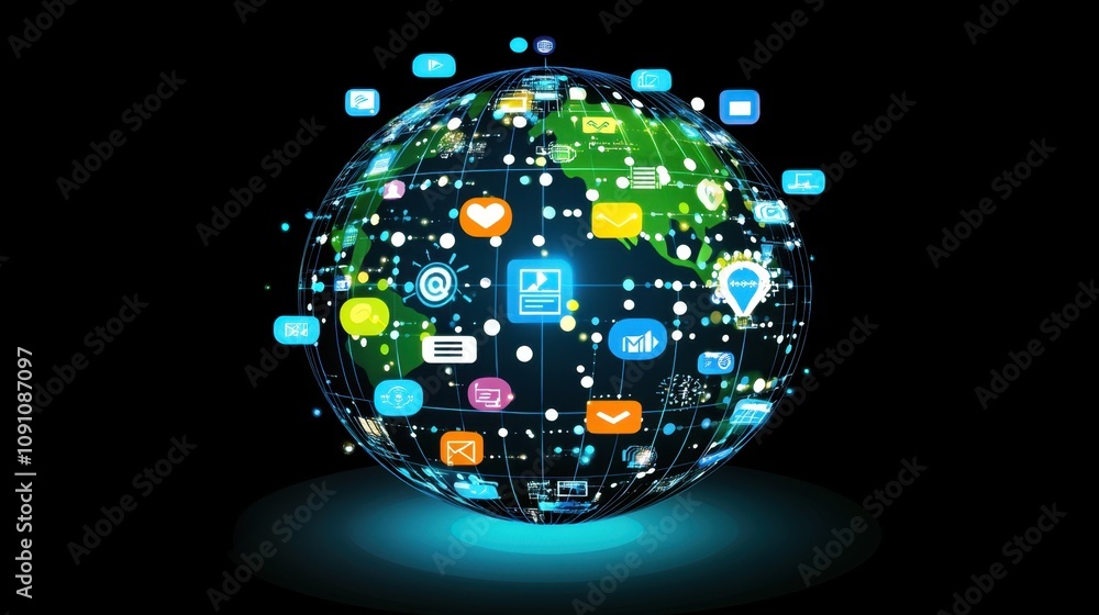 Aufkleber global network of communication icons representing connection, technology, social media, and digital