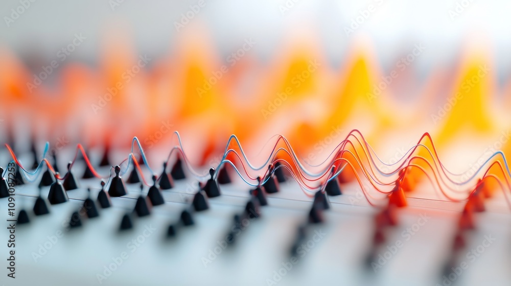 Poster abstract representation of sound waves with peaks and troughs in vibrant colors.