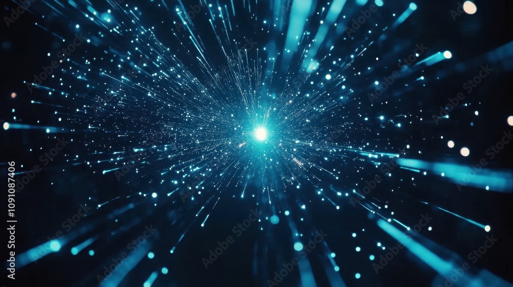Poster abstract digital explosion of glowing particles with beams of light traveling outward in a cosmic en