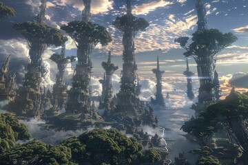 Fototapeta premium An ethereal cityscape with towering tree-like structures and a cloudy sky.