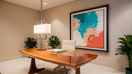 Mixed paints, blank postcards, art tools, warm desk lamp, creative workspace, artistic setup, vibrant tabletop, crafting essentials, painting supplies, art studio lighting.