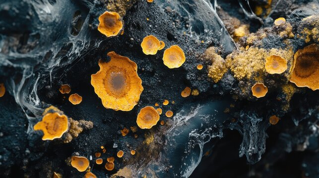 A close-up view of vibrant orange and yellow circular formations on a dark surface, resembling natural patterns or textures found in fungi or lichen.