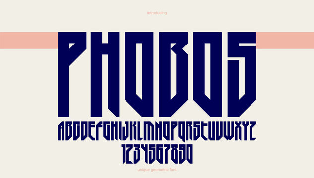 Urban massive tall geometric font for logos and emblems, condensed minimal strong vector typeface, typography with no round elements, only corners and straight lines geometry.