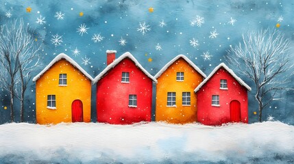 Fototapeta premium Winter paper cut houses with a starry watercolor Christmas background