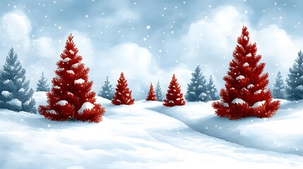 Obraz premium Snowy scene in watercolor style with paper cut Christmas trees and ornaments