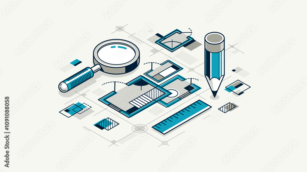 Poster engineer at work concept, engineering job, paper document blueprint engineering vector 3d isometric 