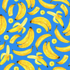 Yello watercolor bananas.  Funny fruits seamless pattern  background. 