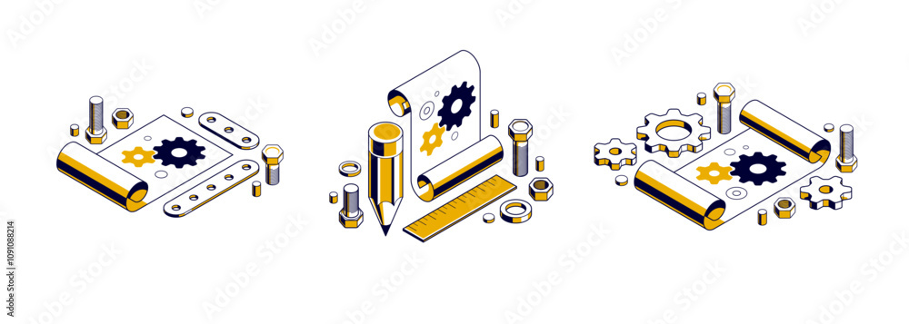 Poster mechanical engineering project in embodiment implementation concept set, engine draft plan drawing a
