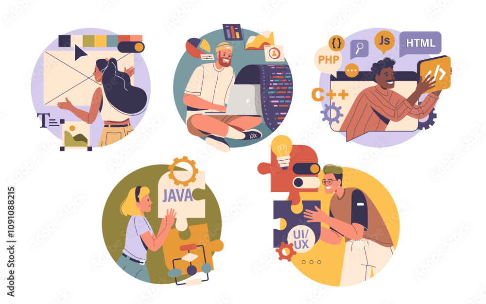 Poster diverse people cartoon characters engaged in software development, coding, programming languages