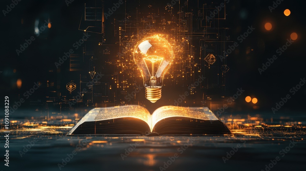 Poster enchanted open book with light bulb above, symbolizing knowledge and creativity, surrounded by abstr