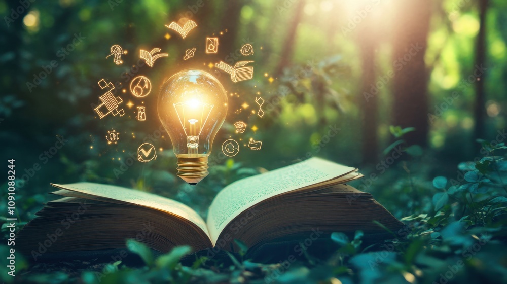 Poster open book surrounded by nature with floating light bulb and creative icons symbolizing ideas, knowle