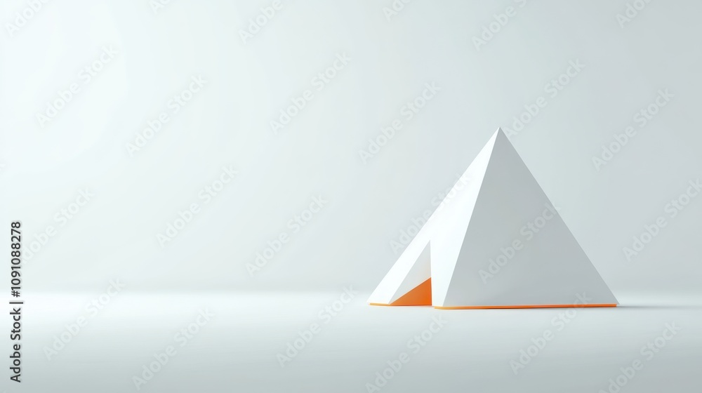 Poster a minimalist white pyramid structure with an orange base, set against a light background.