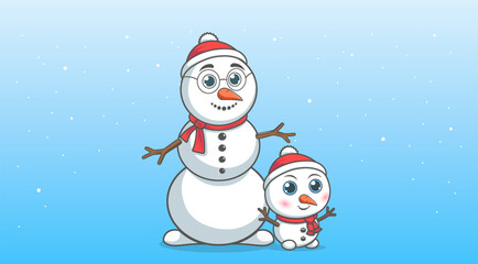 Vector cartoon cute funny smiling snowmen, dad and little son. In red scarves and hats. Merry Christmas and Happy New Year. Winter december holiday season. Snowman.