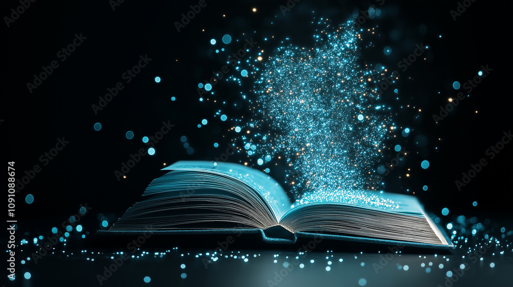 Poster magical open book with glowing particles