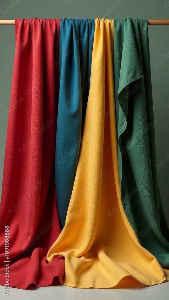 Poster three different colored pieces of fabric are laid out on a table