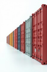 A row of large shipping containers are lined up in a row