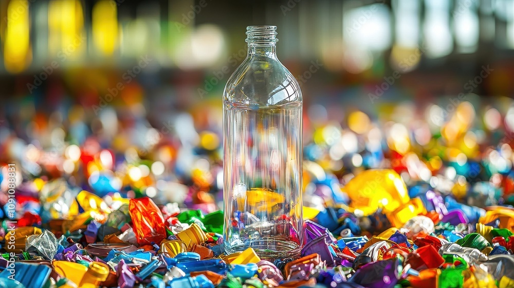Poster a clear bottle stands amidst a vibrant array of colorful wrappers, symbolizing waste and the importa
