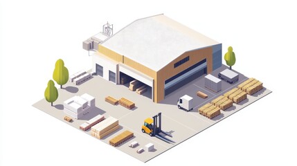 Obraz premium A warehouse with wooden materials and a forklift, showcasing industrial operations.
