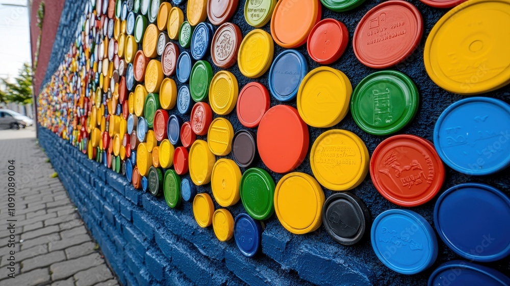 Poster a vibrant, artistic wall adorned with colorful circular caps, creating a playful and engaging visual