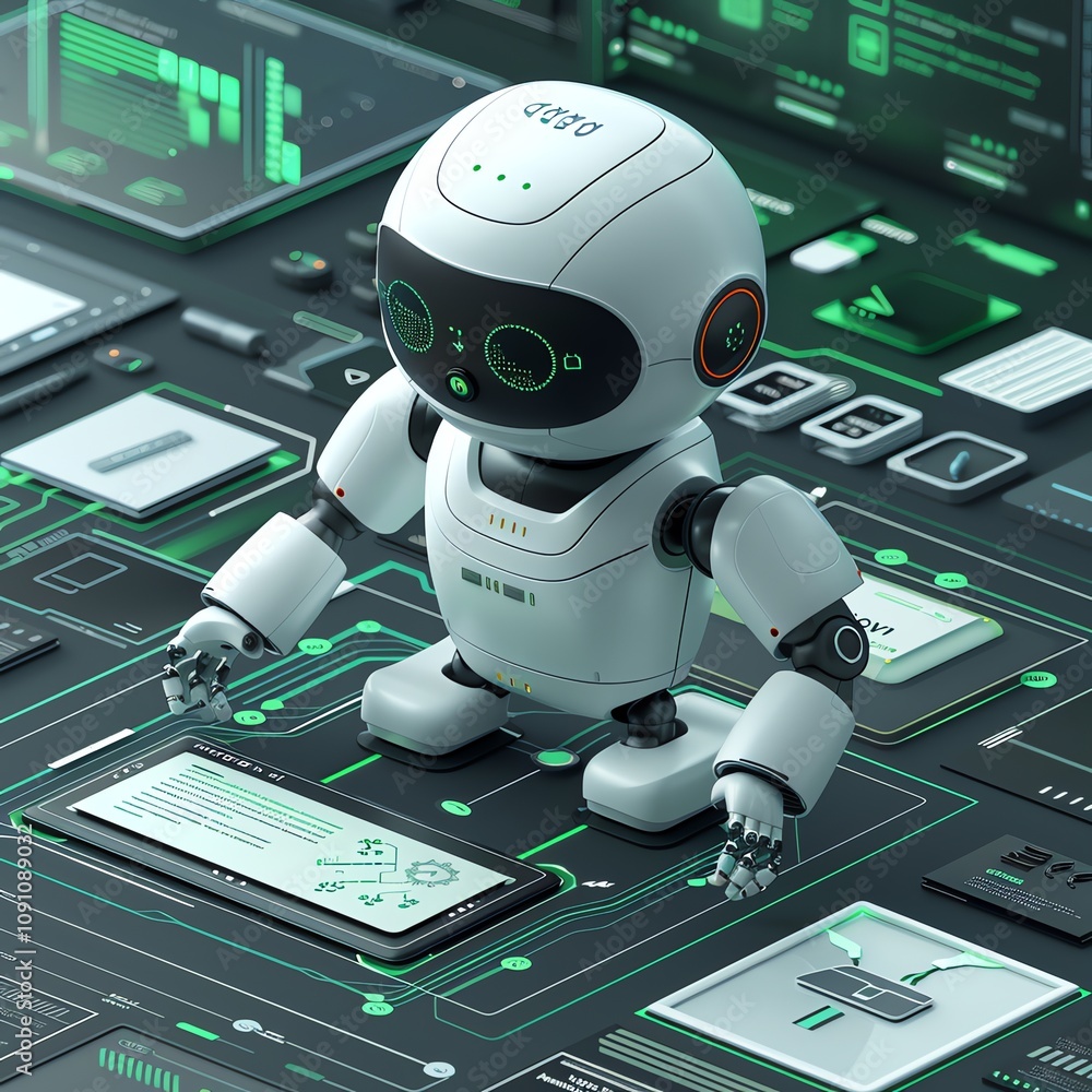 Poster a cute robot interacts with a digital interface, surrounded by complex technological elements.