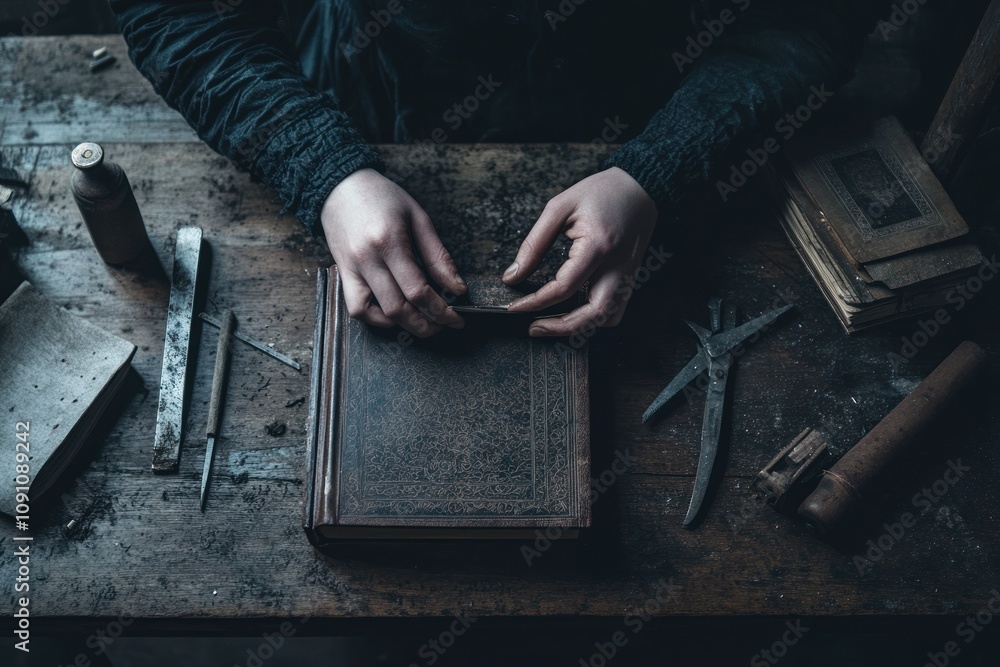 Poster a person is working on a vintage bookbinding project at a wooden table with tools.