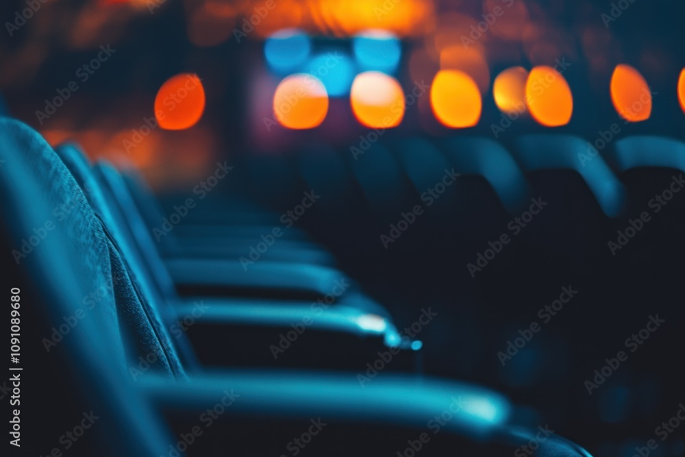 Aufkleber A row of empty chairs illuminated by colorful lights in a dimly lit environment.