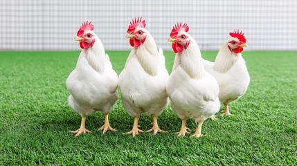 Fototapeta premium Poultry safety concept. Four white chickens stand on green grass, showcasing their vibrant red combs and active demeanor in a farm-like setting.