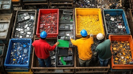Obraz premium Workers sort electronic waste into colorful bins for recycling in an organized facility, promoting sustainable practices.