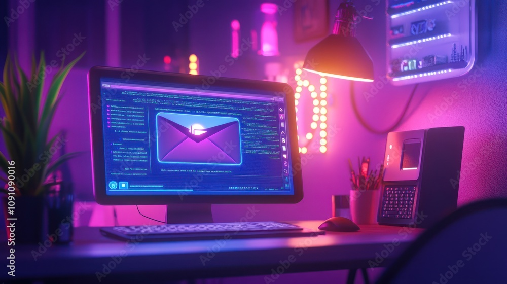 Poster a modern workspace with a computer displaying an email interface in a vibrant, illuminated setting.