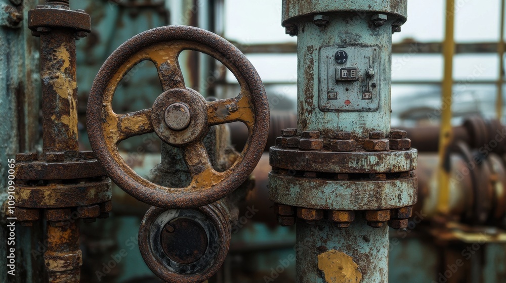 Poster rusty industrial valve and pipe with control panel displaying weathered paint and signs of aging in 