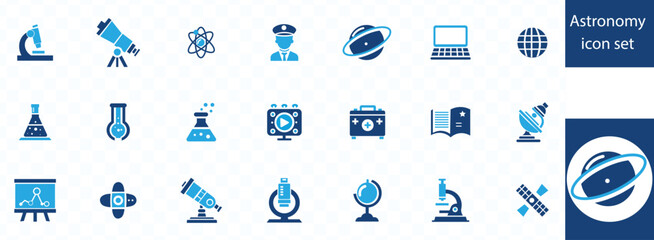 Astronomy icon set. Containing satellite, universe, astronaut, rocket, comet, telescope and planet icons. Solid icon collection