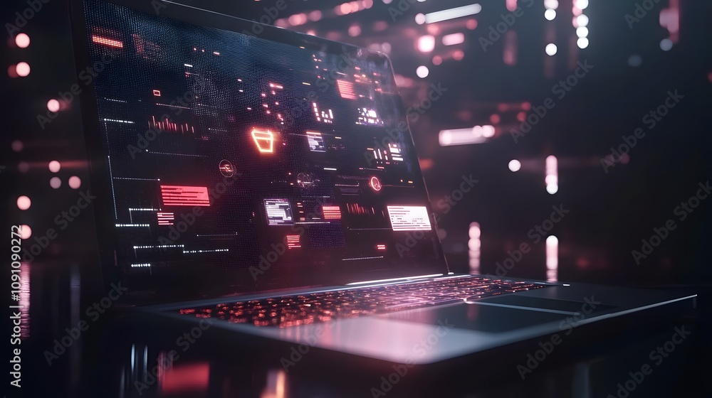 Aufkleber a holographic interface projected from a sleek laptop, with 3d-rendered icons and 2d glowing data st